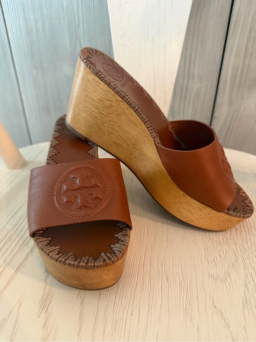 Tory Burch Patty Wedge Slide Sandals in Brown Leather